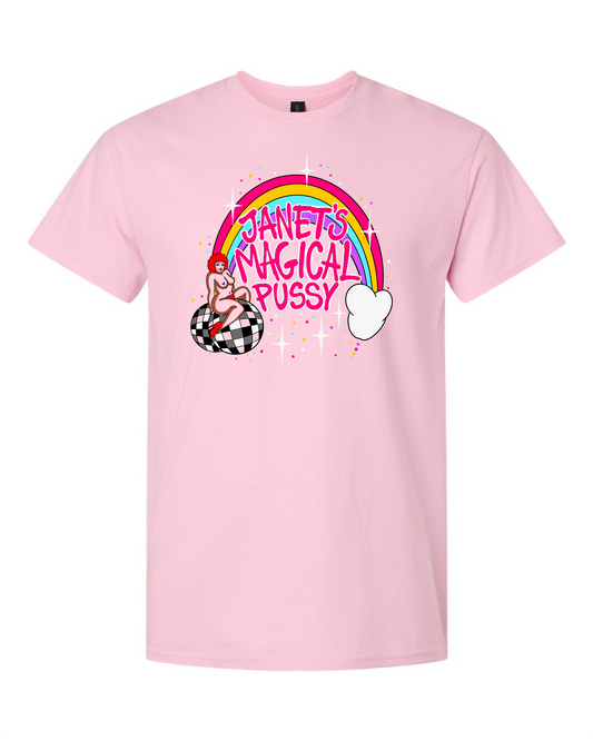Pink t-shirt with graphic design featuring a rainbow, disco balls, text, and a sparkling background.